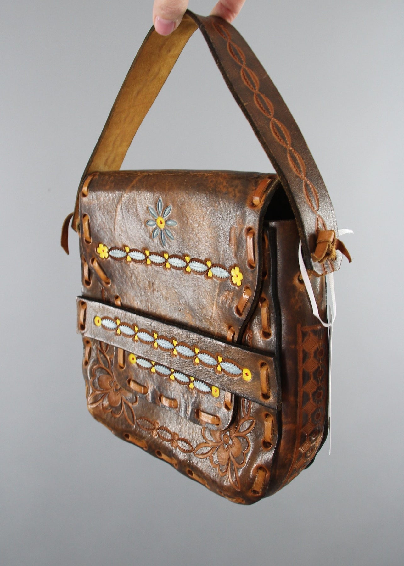 Vintage 1960s Hippie Tooled Leather Purse Boho Saddle Bag Acorns