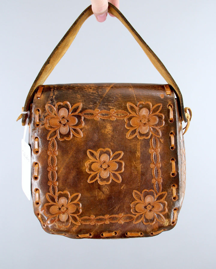 Vintage 1960s Tooled Leather Handbag Purse / Hippie Bohemian Boho - ThisBlueBird