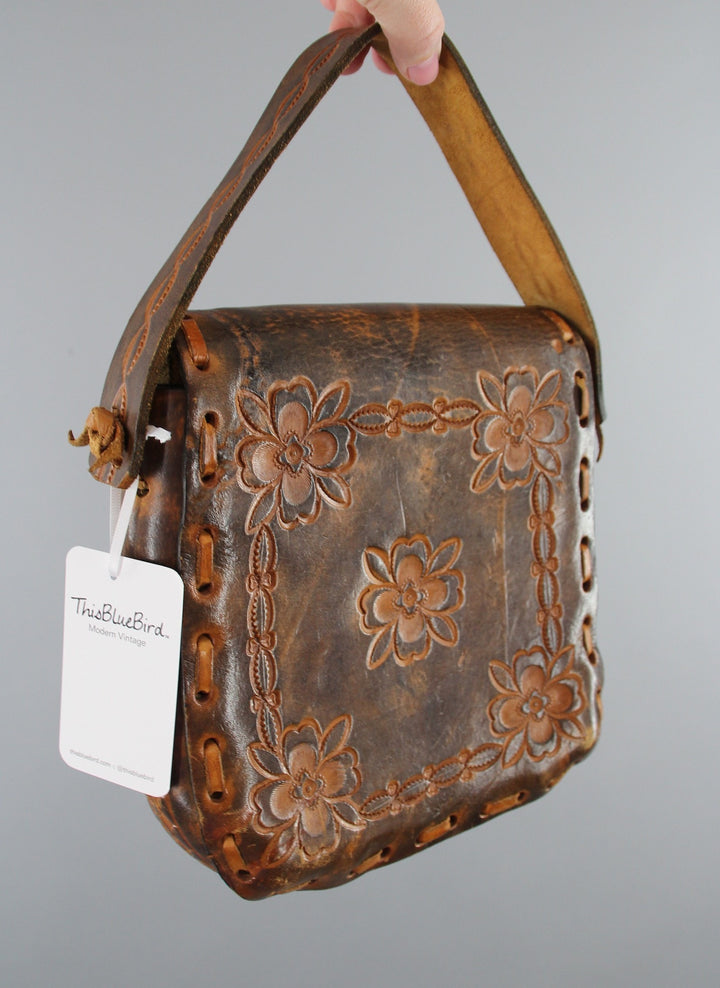 Vintage 1960s Tooled Leather Handbag Purse / Hippie Bohemian Boho - ThisBlueBird