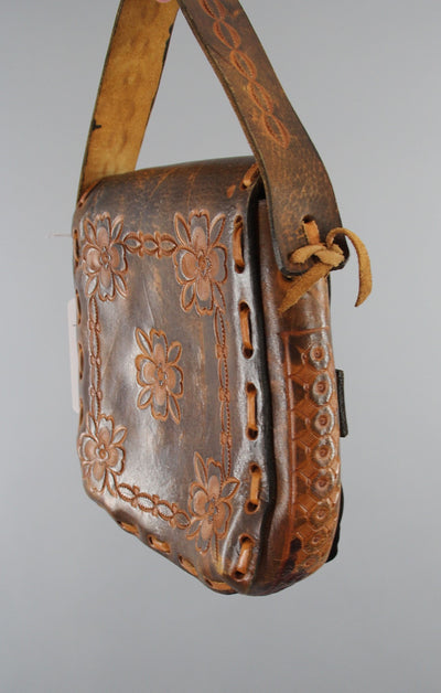 Vintage 1960s Tooled Leather Handbag Purse / Hippie Bohemian Boho - ThisBlueBird