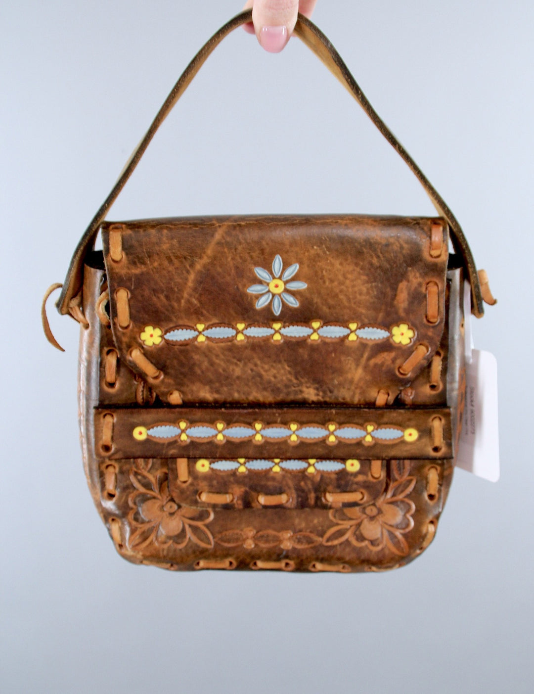 Vintage 1960s Tooled Leather Handbag Purse / Hippie Bohemian Boho - ThisBlueBird