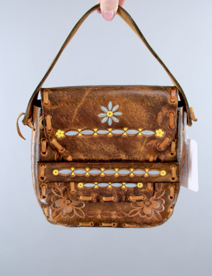 Vintage 1960s Tooled Leather Handbag Purse / Hippie Bohemian Boho - ThisBlueBird