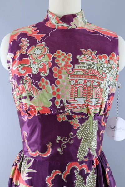 Vintage 1960s Vietnamese Ao Dai Tunic Dress / Purple Pagoda Print - ThisBlueBird