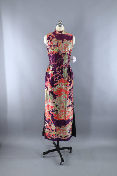 Vintage 1960s Vietnamese Ao Dai Tunic Dress / Purple Pagoda Print - ThisBlueBird