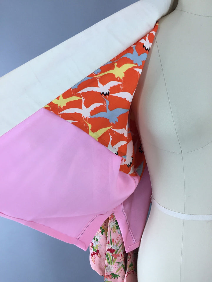 Vintage 1960s Vintage Kimono Jacket / Haori Kimono Cardigan / Pink Floral Print Han-Juban - ThisBlueBird