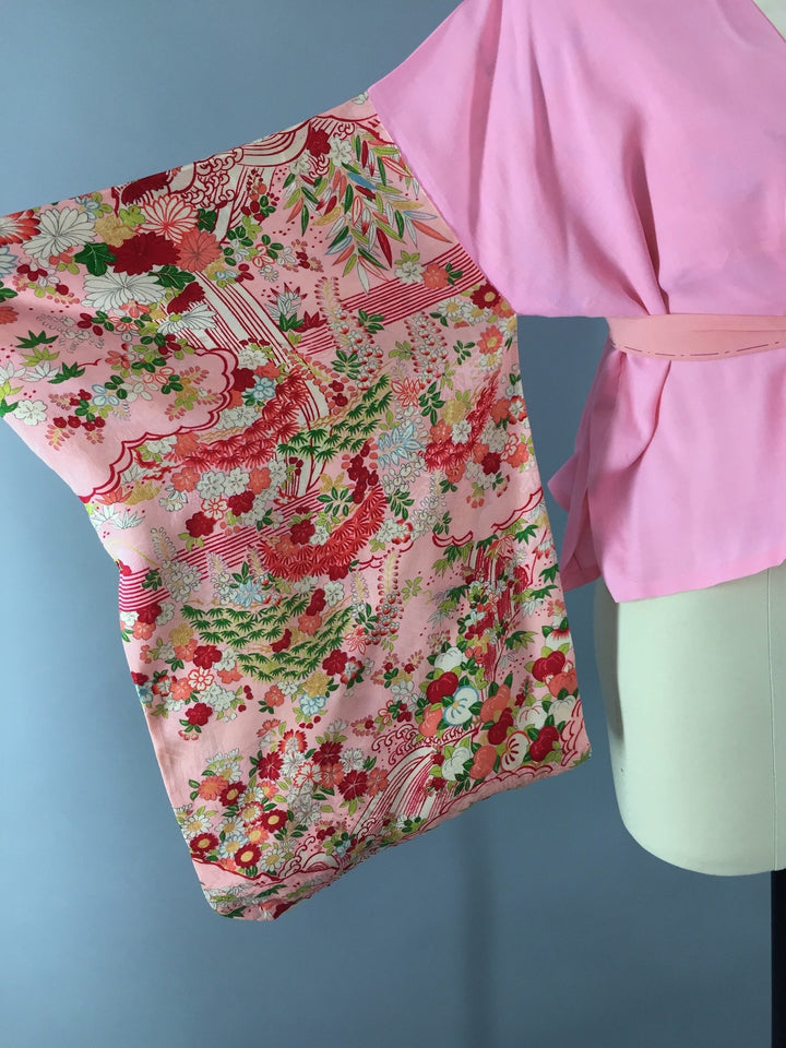 Vintage 1960s Vintage Kimono Jacket / Haori Kimono Cardigan / Pink Floral Print Han-Juban - ThisBlueBird