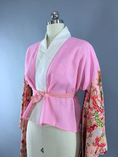 Vintage 1960s Vintage Kimono Jacket / Haori Kimono Cardigan / Pink Floral Print Han-Juban - ThisBlueBird