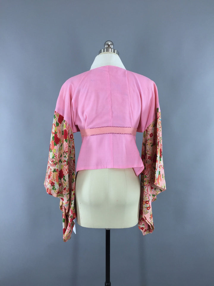 Vintage 1960s Vintage Kimono Jacket / Haori Kimono Cardigan / Pink Floral Print Han-Juban - ThisBlueBird
