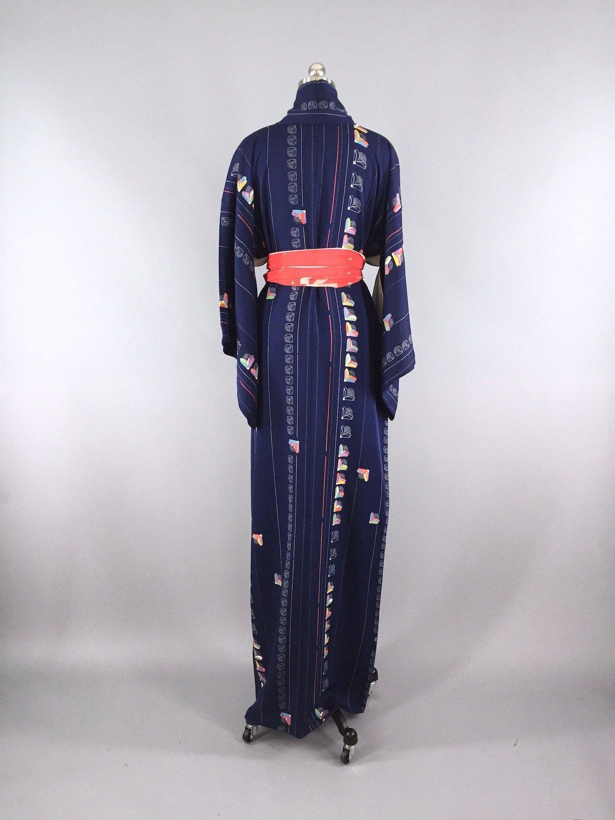 Vintage 1960s Vintage Kimono Robe / Mod Navy Blue Floral - ThisBlueBird