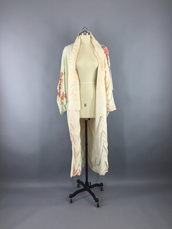 Vintage 1960s Vintage Silk Kimono Robe / Embroidered Pale Green Floral Print - ThisBlueBird