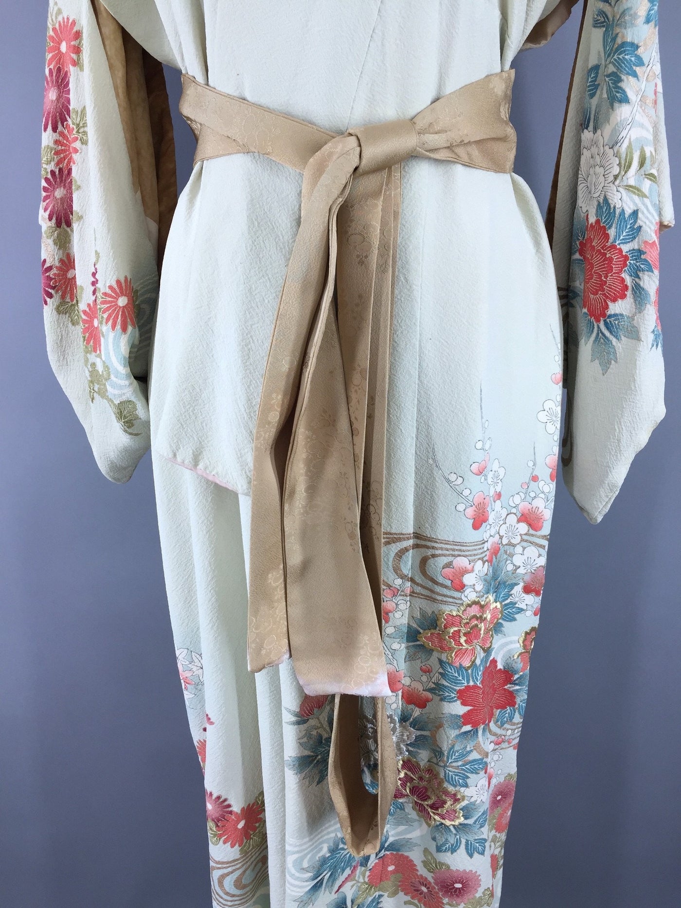 Vintage 1960s Vintage Silk Kimono Robe / Embroidered Pale Green Floral Print - ThisBlueBird