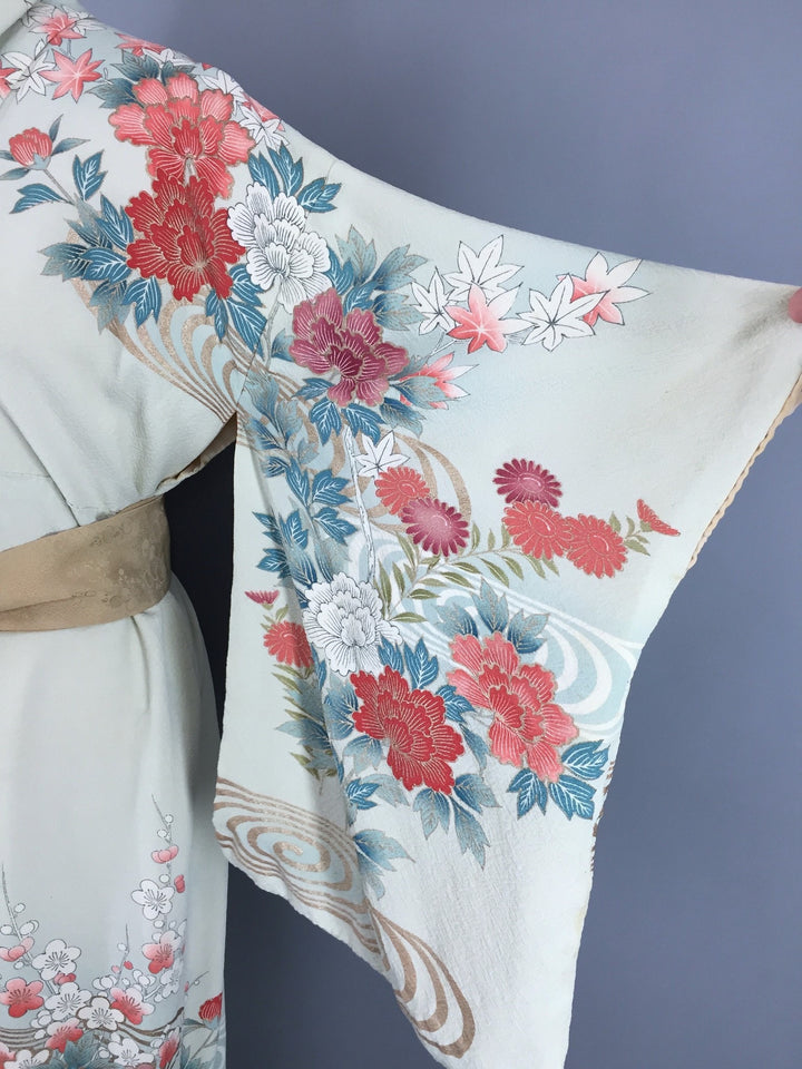 Vintage 1960s Vintage Silk Kimono Robe / Embroidered Pale Green Floral Print - ThisBlueBird