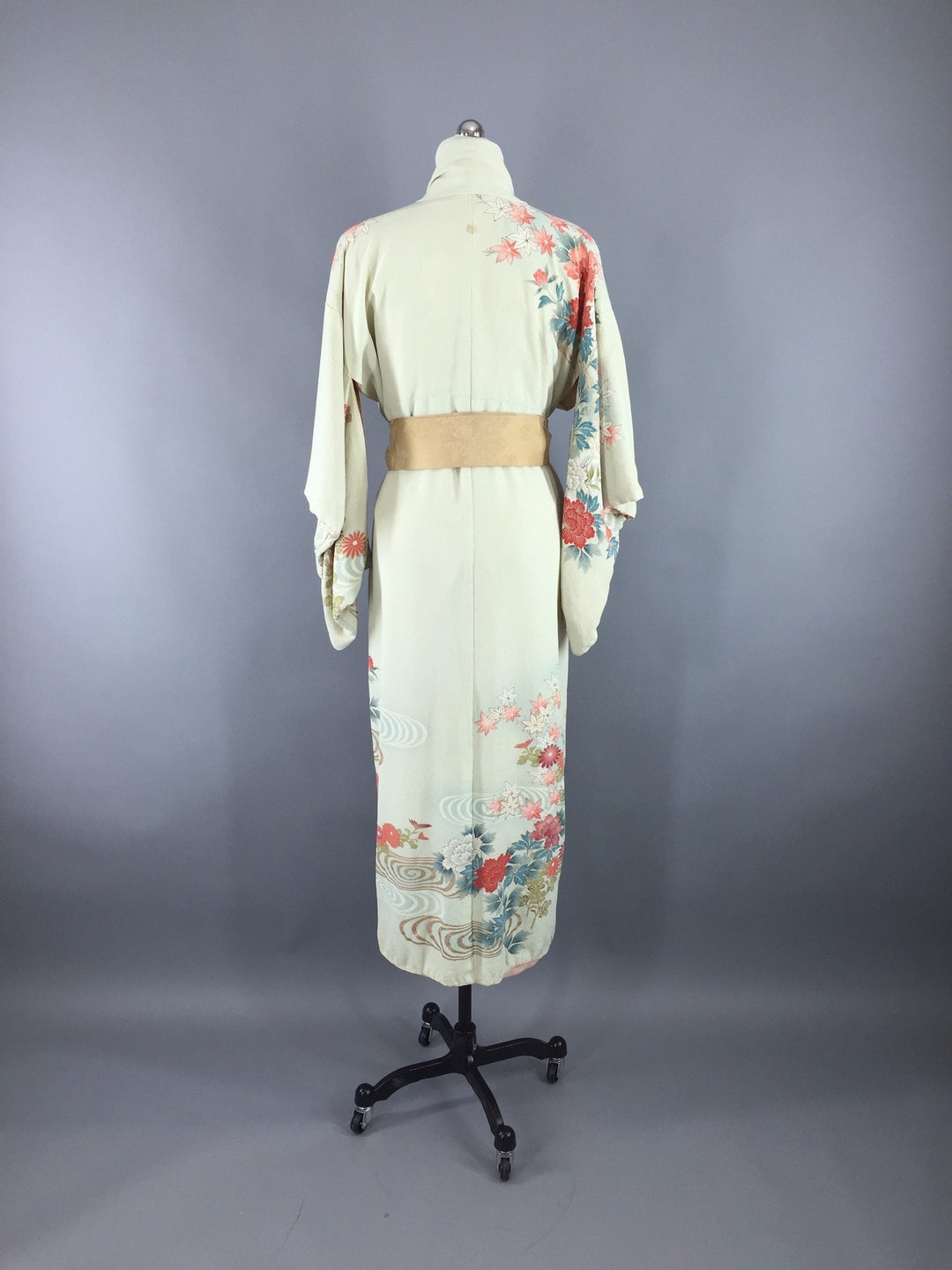 Vintage 1960s Vintage Silk Kimono Robe / Embroidered Pale Green Floral Print - ThisBlueBird