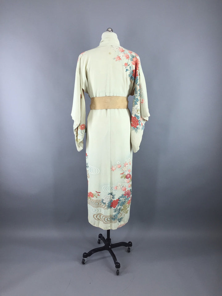 Vintage 1960s Vintage Silk Kimono Robe / Embroidered Pale Green Floral Print - ThisBlueBird