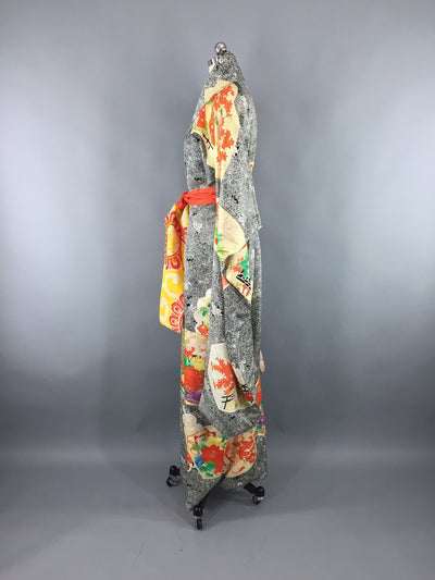 Vintage 1960s Vintage Silk Kimono Robe Furisode / Black & Orange Floral - ThisBlueBird