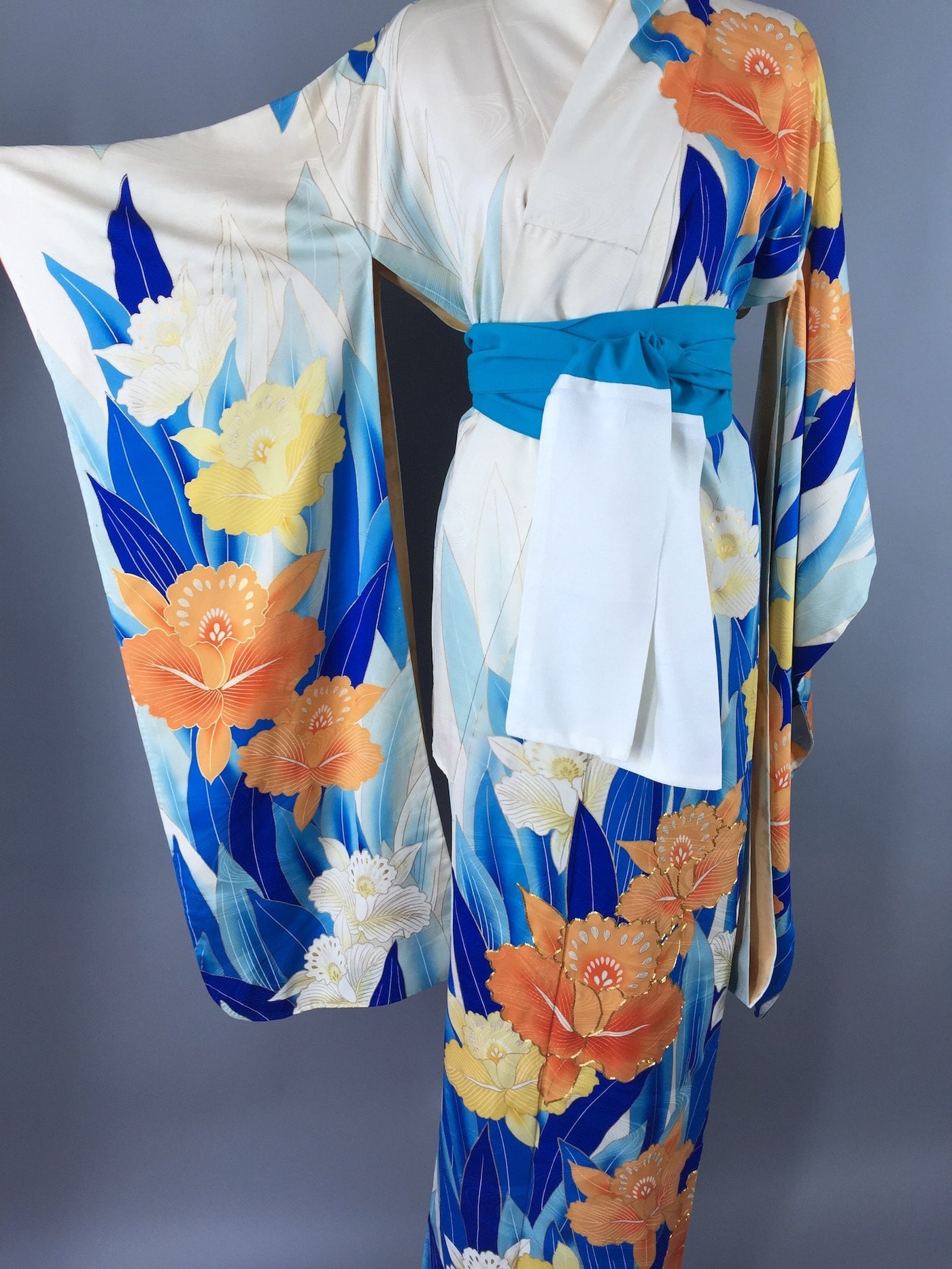 Vintage 1960s Vintage Silk Kimono Robe Furisode / Blue Orange Cattleya Orchids - ThisBlueBird