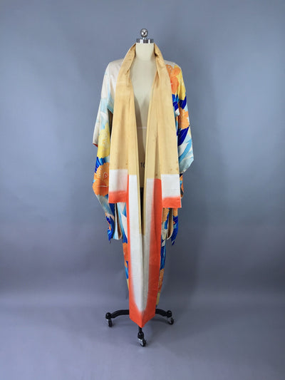 Vintage 1960s Vintage Silk Kimono Robe Furisode / Blue Orange Cattleya Orchids - ThisBlueBird