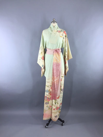 Vintage 1960s Vintage Silk Kimono Robe / Mint Green & Pink Floral - ThisBlueBird