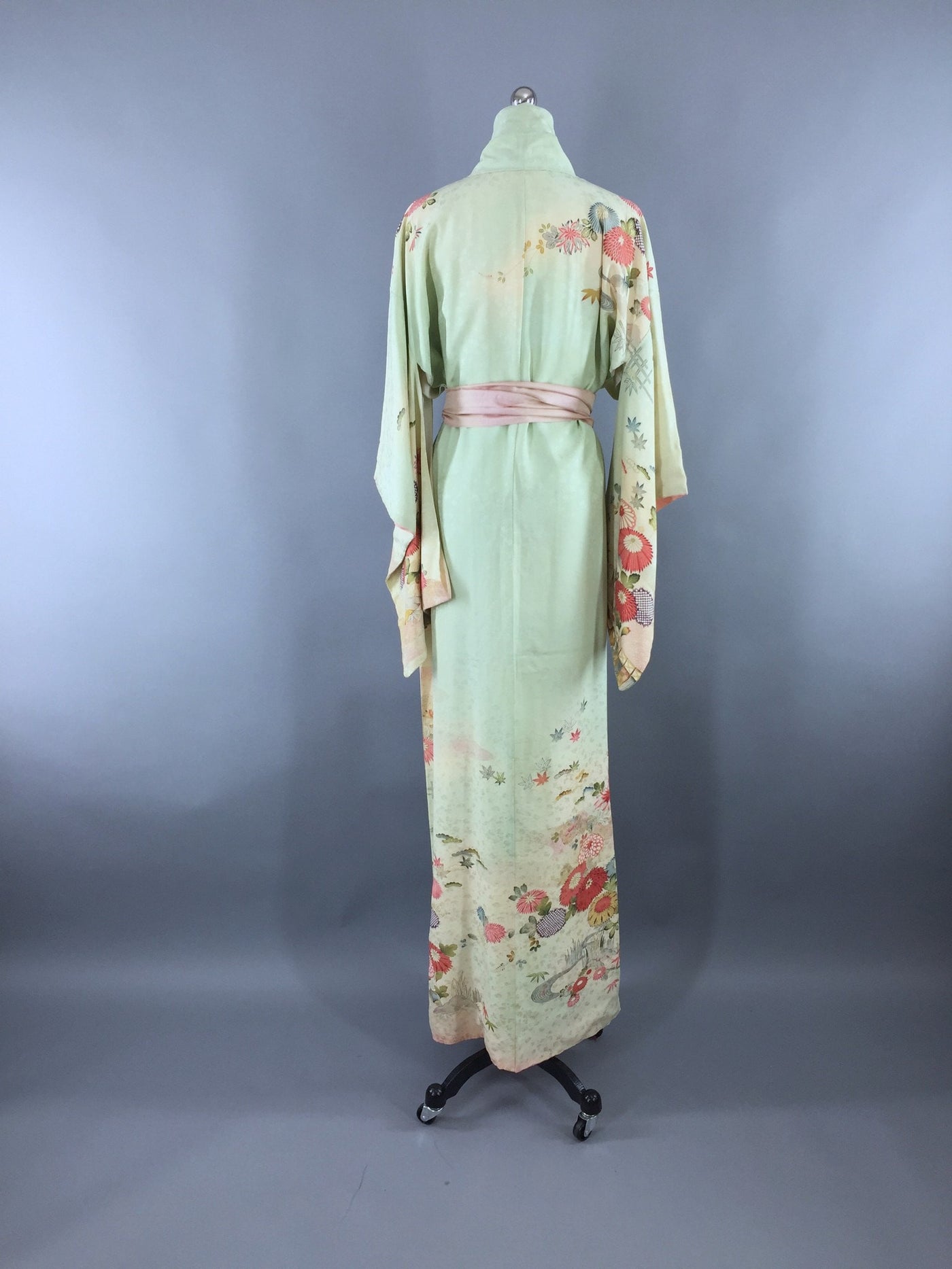 Vintage 1960s Vintage Silk Kimono Robe / Mint Green & Pink Floral - ThisBlueBird