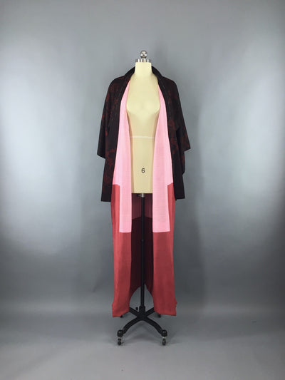 Vintage 1960s Vintage Silk Kimono Robe / Omeshi Black & Red Floral - ThisBlueBird