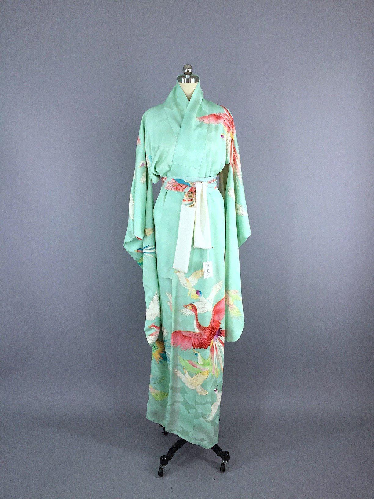 Vintage 1960s Vintage Vintage Aqua Silk Kimono Robe Furisode / Bird Print - ThisBlueBird