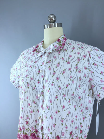 Vintage 1960s White Floral Print Cropped Blouse - ThisBlueBird