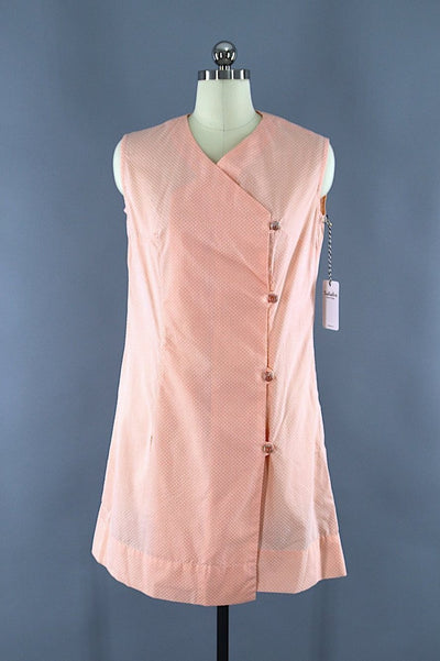 Vintage 1960s Wrap Day Dress / Peach & White Swiss Dot - ThisBlueBird