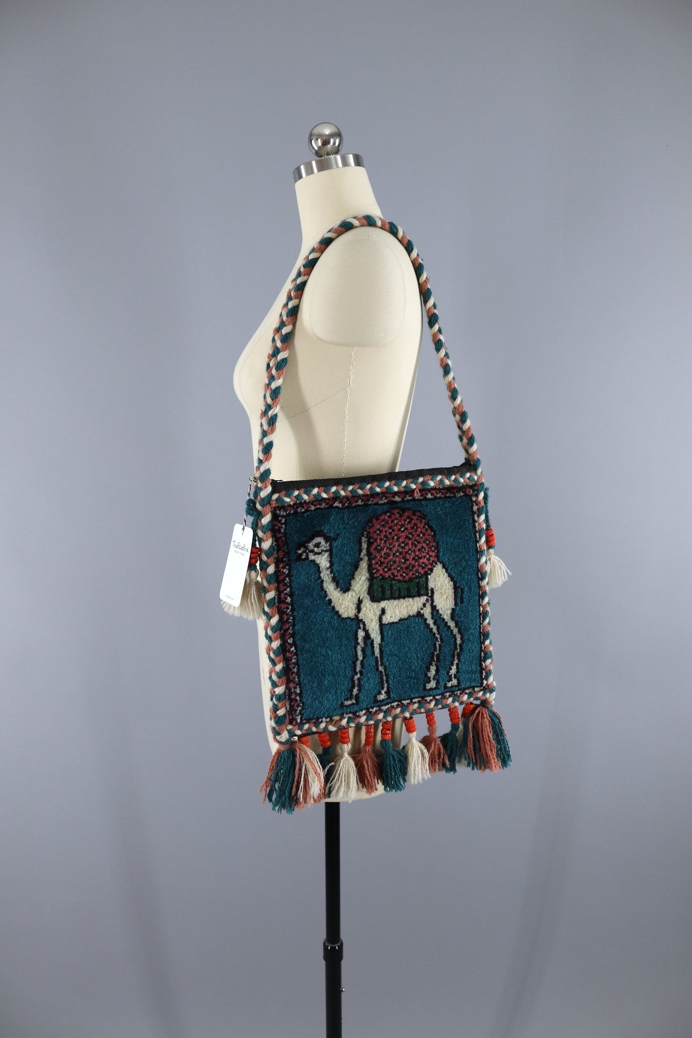 Vintage 1970s - 1980s Egyptian CAMEL Carpet Bag with Beaded Tassels - ThisBlueBird