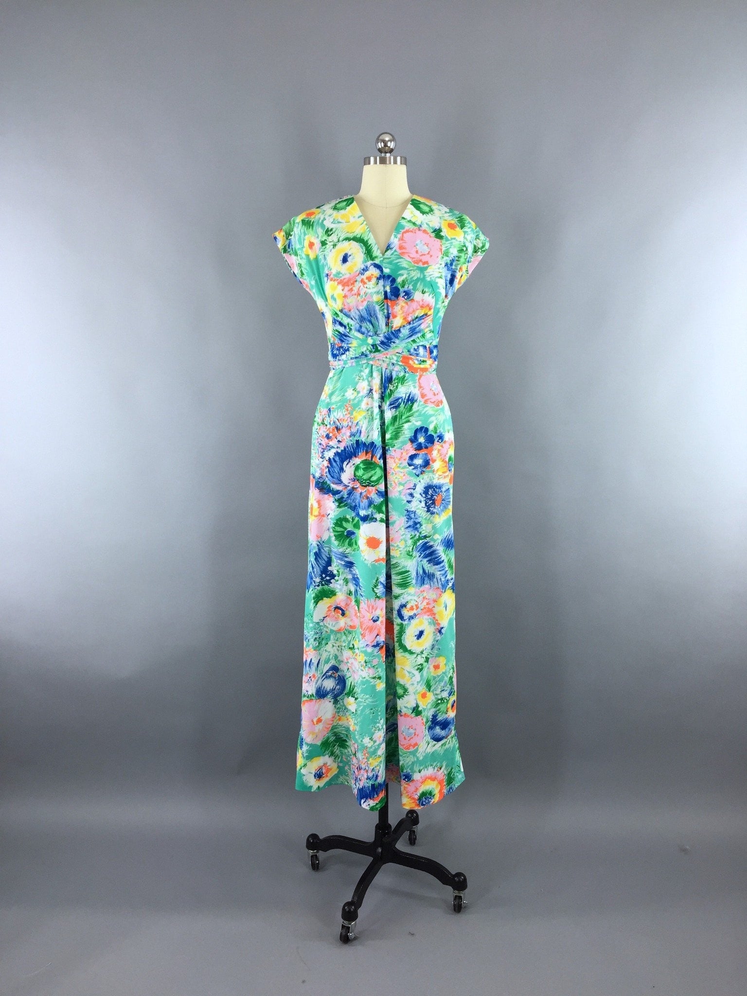 Vintage 1970s Aqua Green Floral Print Maxi Dress – ThisBlueBird