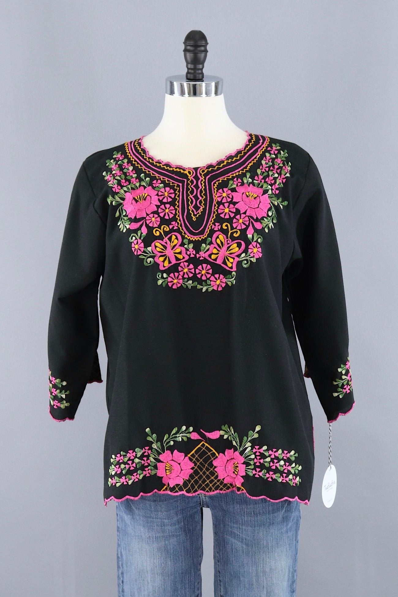 Vintage 1970s Black Mexican Embroidered Tunic Blouse - ThisBlueBird