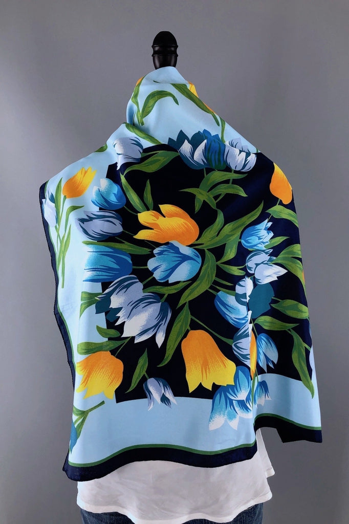 Vintage 1970s Blue and Yellow Tulips Floral Print Scarf-ThisBlueBird - Modern Vintage