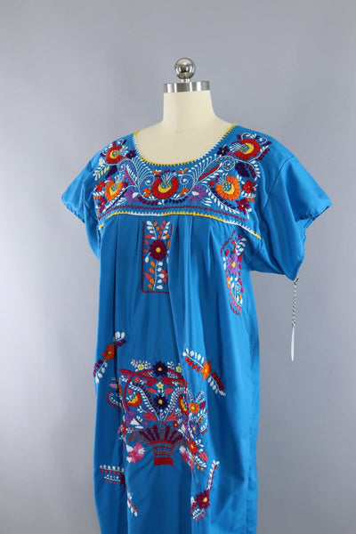 Vintage 1970s Blue Embroidered Mexican Caftan Dress - ThisBlueBird