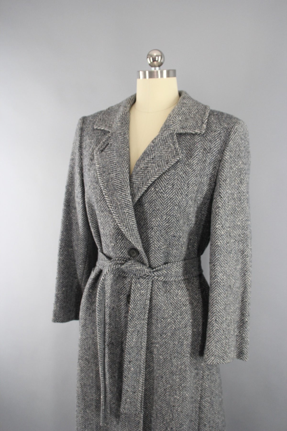 Vintage 1970s Blue Grey Pendleton Wool Tweed Trench Coat