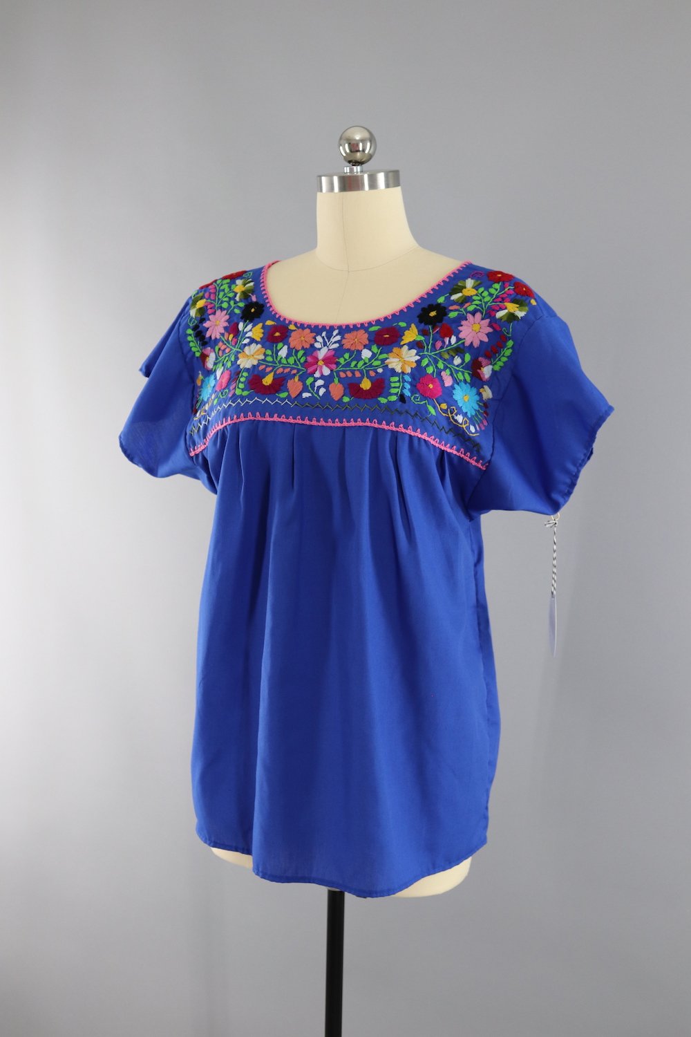 Vintage 1970s Blue Mexican Embroidered Tunic Blouse - ThisBlueBird