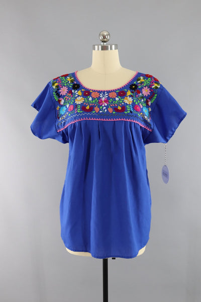 Vintage 1970s Blue Mexican Embroidered Tunic Blouse - ThisBlueBird