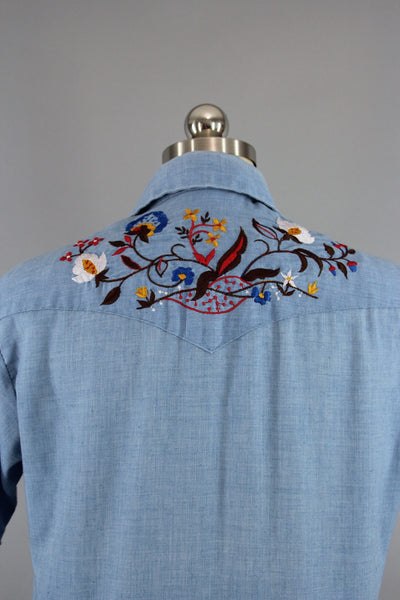 Vintage 1970s Chambray Denim Embroidered Shirt by DeeCee Rangers - ThisBlueBird