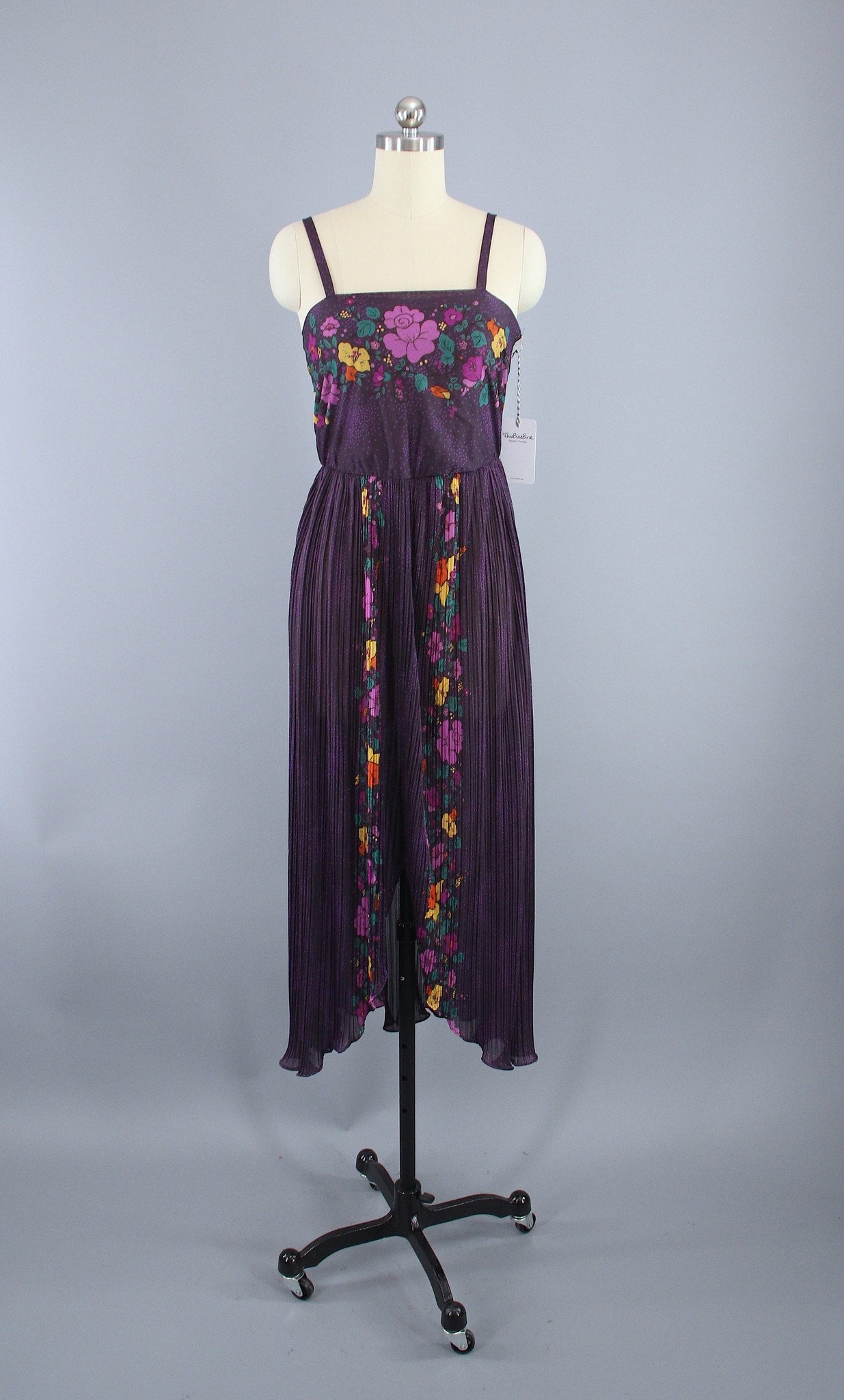 Vintage 1970s Chiffon Gauze Dress / Purple Floral Print - ThisBlueBird