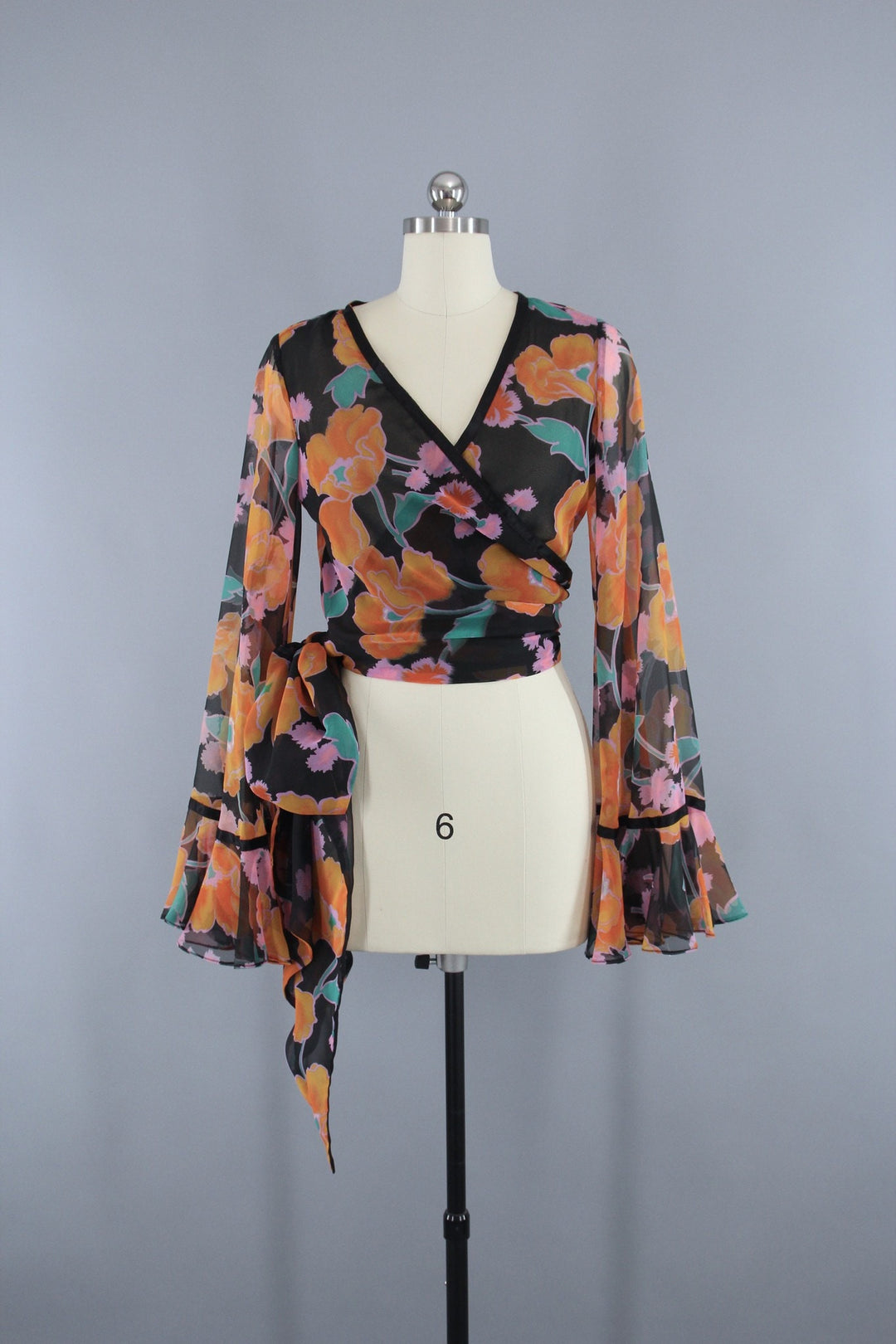 Vintage 1970s Cropped Wrap Blouse in Black Floral Print Chiffon by Scott Barrie - ThisBlueBird