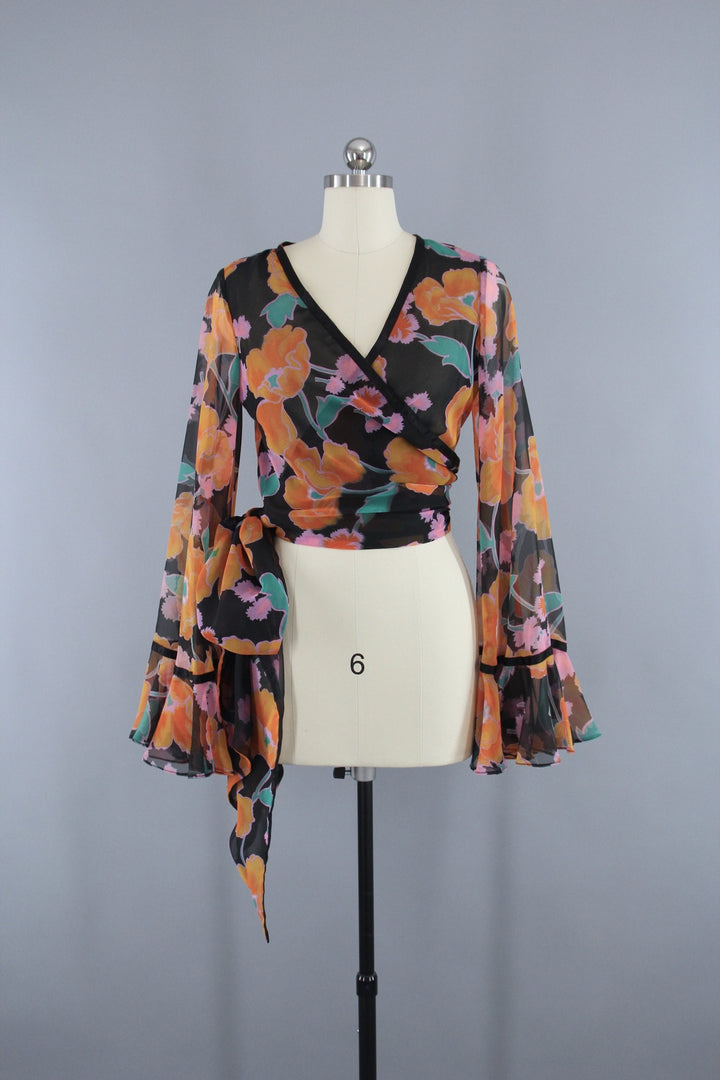 Vintage 1970s Cropped Wrap Blouse in Black Floral Print Chiffon by Scott Barrie - ThisBlueBird
