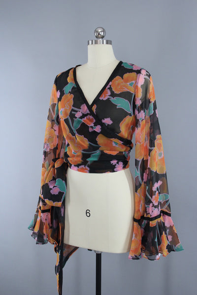 Vintage 1970s Cropped Wrap Blouse in Black Floral Print Chiffon by Scott Barrie - ThisBlueBird