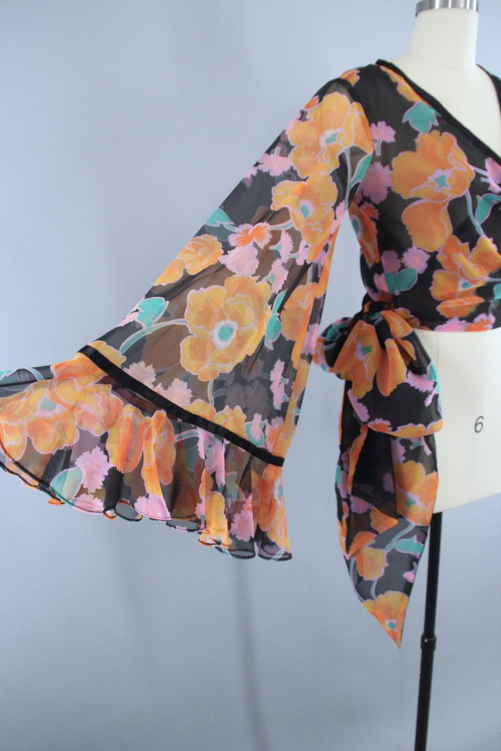 Vintage 1970s Cropped Wrap Blouse in Black Floral Print Chiffon by Scott Barrie - ThisBlueBird