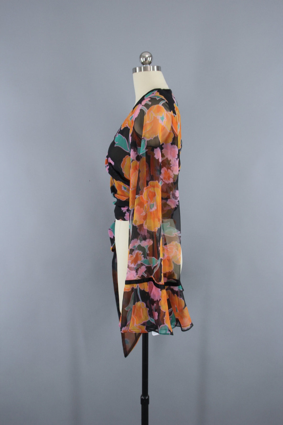Vintage 1970s Cropped Wrap Blouse in Black Floral Print Chiffon by Scott Barrie - ThisBlueBird