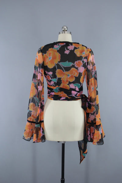 Vintage 1970s Cropped Wrap Blouse in Black Floral Print Chiffon by Scott Barrie - ThisBlueBird
