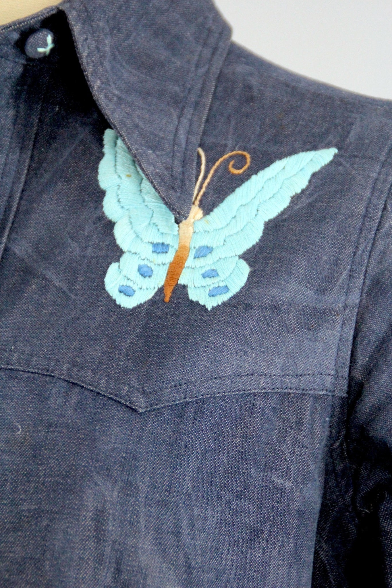 Vintage 1970s Denim Shirt with Embroidered Butterfly - ThisBlueBird