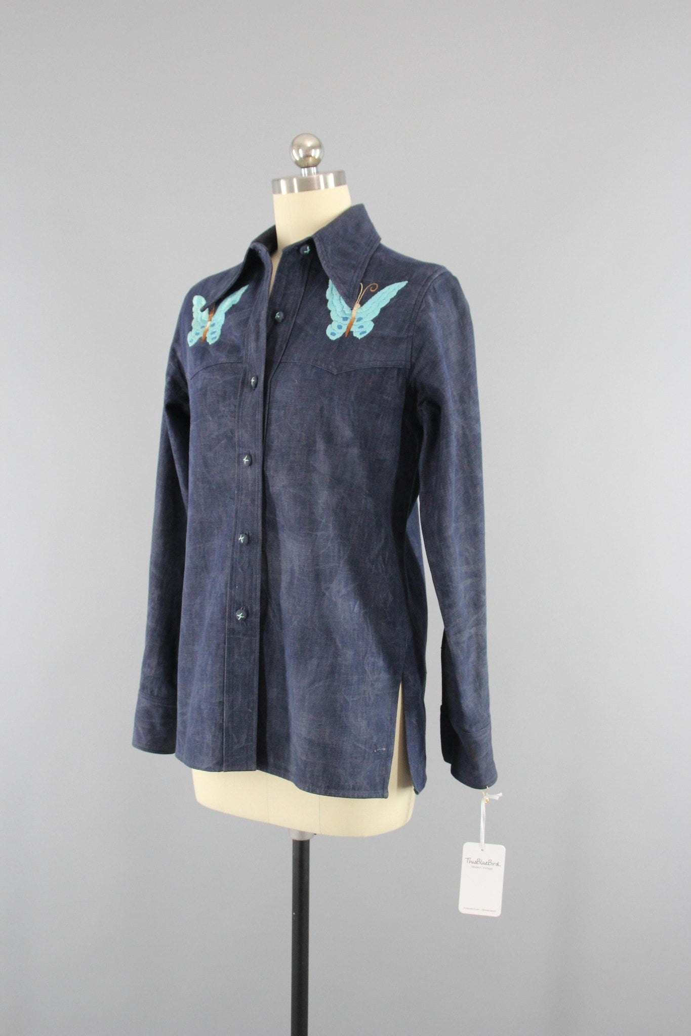 Vintage 1970s Denim Shirt with Embroidered Butterfly - ThisBlueBird