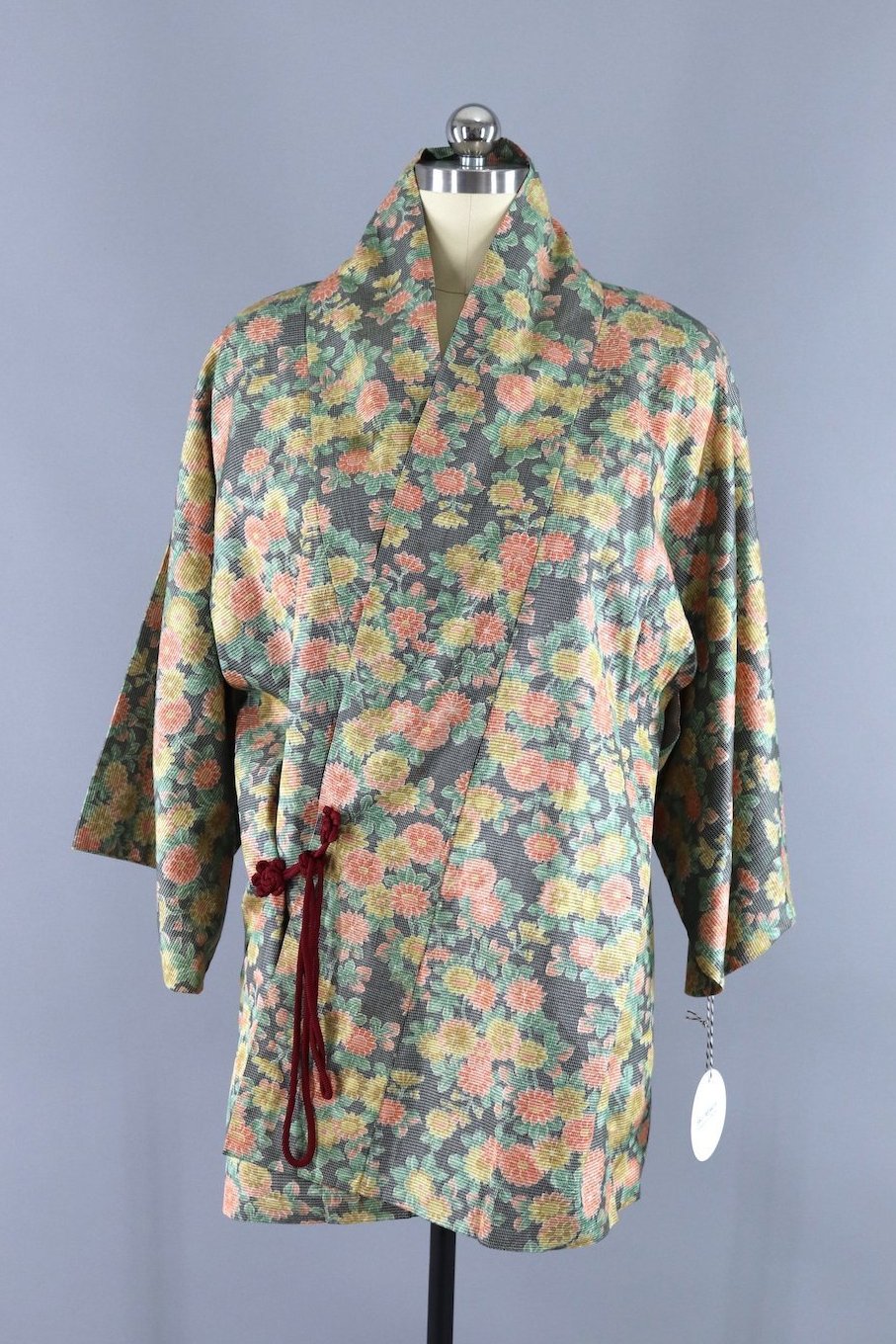 Vintage 1970s Dochougi Kimono Jacket Wrap Coat / Yellow Orange Floral - ThisBlueBird