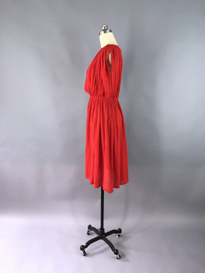 Vintage 1970s Dress / Bright Red Cotton Gauze - ThisBlueBird