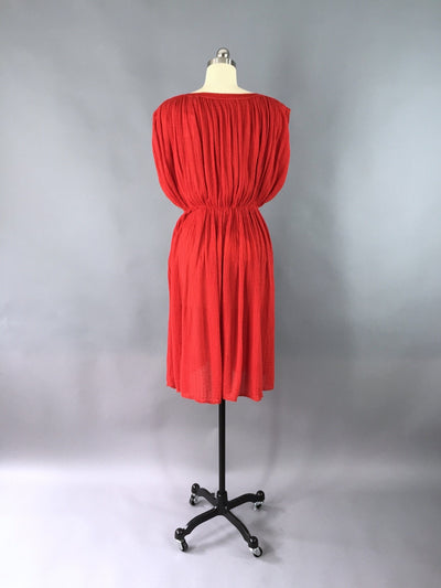 Vintage 1970s Dress / Bright Red Cotton Gauze - ThisBlueBird