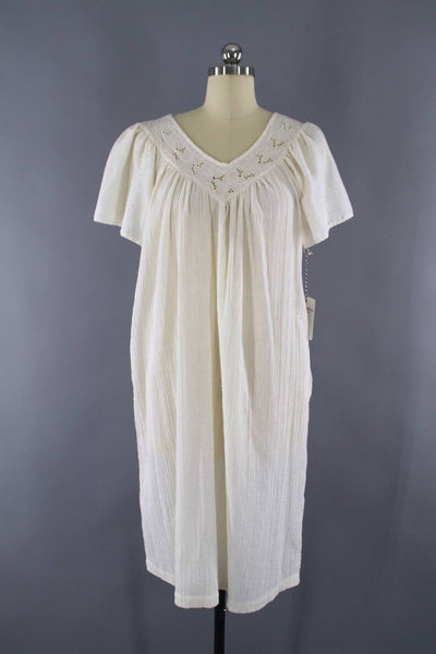 Vintage 1970s Embroidered Ivory Cotton Gauze Cutwork Dress - ThisBlueBird