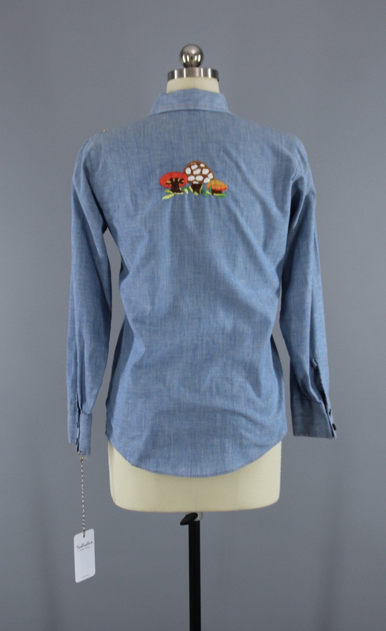 Vintage 1970s Embroidered Owl Mushroom Hippie Western Chambray Denim Shirt - ThisBlueBird